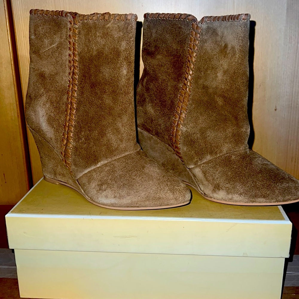 Brown suede wedge booties